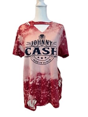 OOAK Distressed Bleached Johnny Cash 'Man In Black' Graphic Tee - Red Tie-Dye